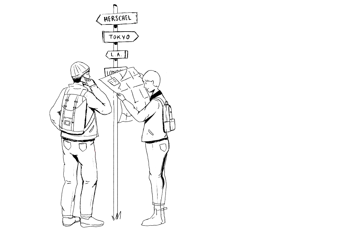 a graphic of two confused looking people, one on the phone and another holding a map, infront of a sign post that points towards a number of different global cities